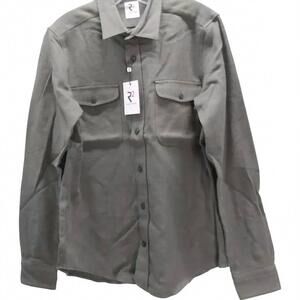 NEW R2 AMSTERDAM men's textured cotton button overshirt in olive green